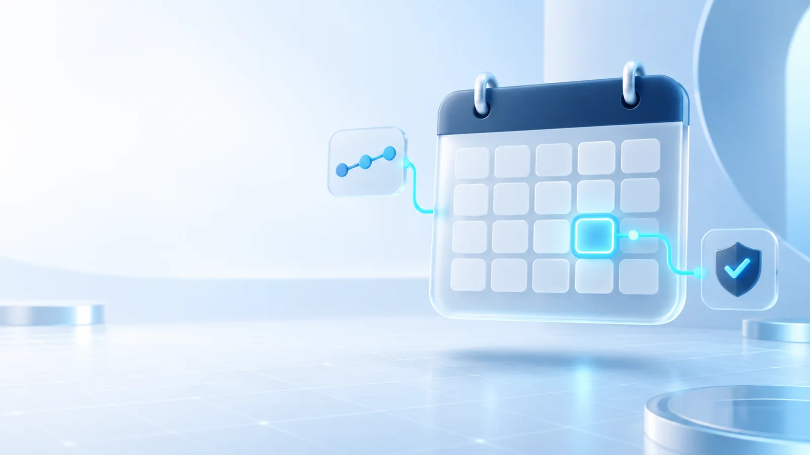 3D calendar with a highlighted deadline connected to a verification shield