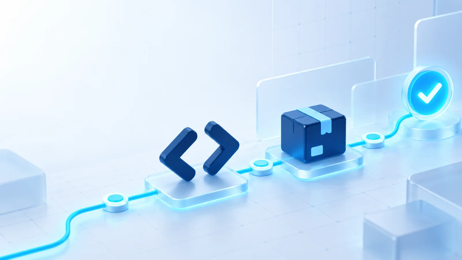 3D trace line running from code brackets to a shipped package and a verified check
